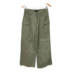 Forever 21  Womens Wide Leg Utility Cargo Pants M Olive Green Pockets Twill NEW - Foto 1 di 19