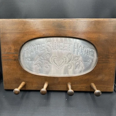 Vintage Tin Wooden Home Sweet Home Wall Hanging/ Hat-Coat Rack 11 X 17 - Image 1 of 4