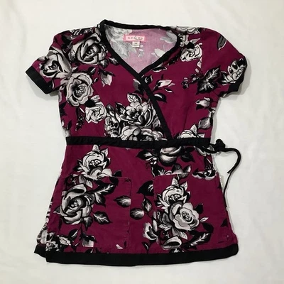 Koi Kathy Peterson Scrub Top Womens XS Burgundy Black Mock Wrap Nursing Pockets - Image 1 of 4