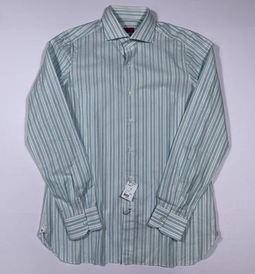 $575 Nueva Camisa ISAIA Para Hombre Talla Grande L Rayas Verdes 100% Algodón L/S Abotonada Foto 1 de 4