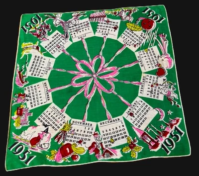 Vtg. Linen 1951 Calendar Hanky Tammis Keefe Seasonal Anthro Graphics Green EXC - Image 1 of 4