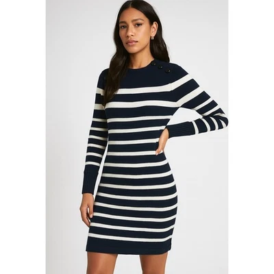 Vestido Suéter Saks Fifth Avenue Rayas Cachemira Azul Crema XS Náutico Elegante Foto 1 de 4