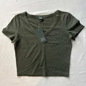 Wild Fable kurzärmeliges Top XS Mädchen T-Shirt V-Ausschnitt Strick olivgrün neu mit Etikett - Bild 1 von 8