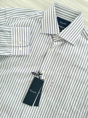 NUEVO CON ETIQUETAS FACONNABLE Camisa de Vestir Para Hombre Manga Larga Blanco Azul Rayas Talla 14 1/2 CLUB Foto 1 de 4