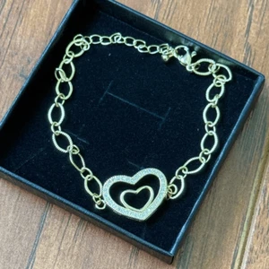Gold Heart Charm Heart within a Heart Cubic Zirconia Bracelet Chain Link - Picture 1 of 3