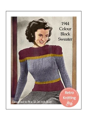 1940's Colour Block Sweater Knitting Pattern - Copy - Image 1 of 2
