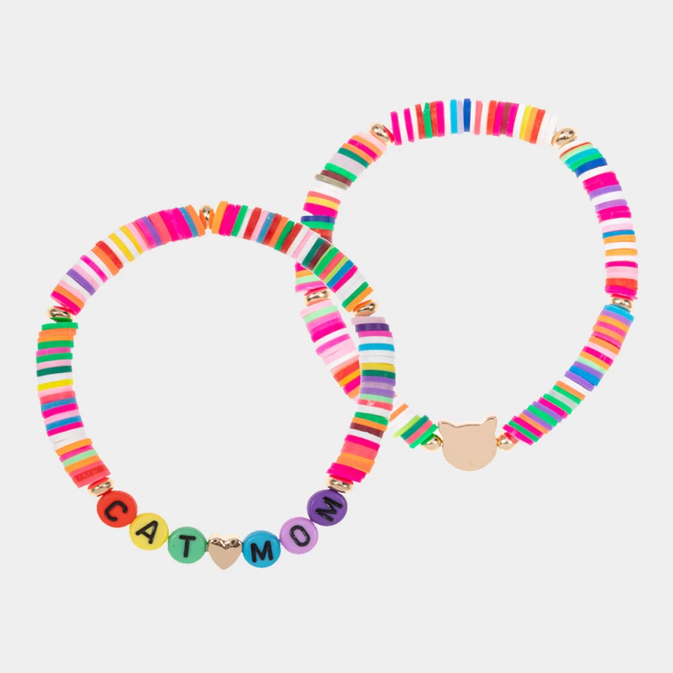 Cat Mom Bracelet 2 piece SET Heishi Beaded Stretch Kitten Kitty Mother Mama MUL2 - Image 1 of 2