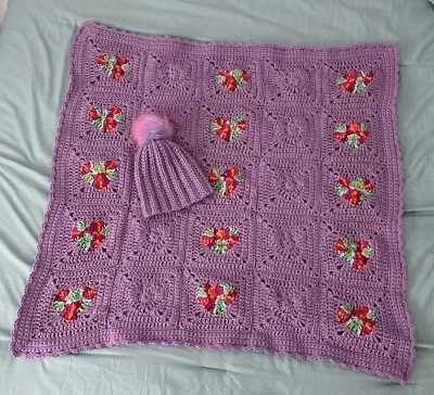 Crochet Baby Blanket Set Purple Hearts 6-12 Months Hat with Pompom Baby Gift - Image 1 of 4