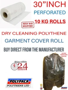 30" DROP, 100G 10KG POLYTHENE GARMENT COVERS ROLL-APPROX 385 BAGS, UK MADE - Picture 1 of 7