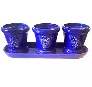 3 Cobalt Blue Succulent Ceramic Planters on Matching Base 3 3/4" Embossed AS IS - Picture 1 of 18