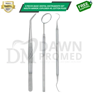 3 Pcs Basic Dental Instrument Set Mouth Mirror Explorer #5 Cotton Plier German G - Picture 1 of 9