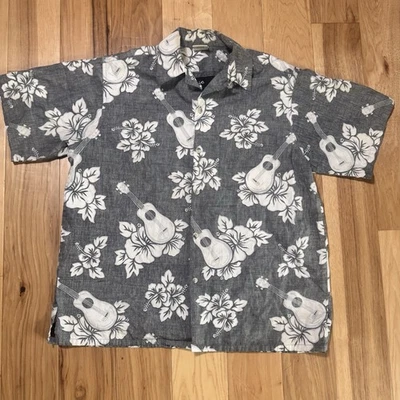 Camisa Hawaiana Go Barefoot GRANDE Gris Blanco Hibisco Guitarra Ukelele Botón Aloha Foto 1 de 4