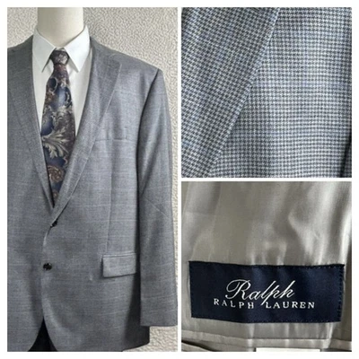 Ralph Lauren Mens 50L Silver Gray Sport Coat Silk & Wool Micro Check Blue Window - Image 1 of 4
