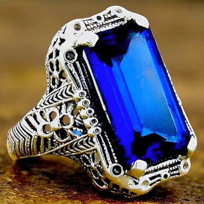 ANILLO ESTILO ANTIGUO 9 QUILATES LONDRES AZUL TOPACIO SIMULADO PLATA ESTERLINA 925 032 Foto 1 de 4