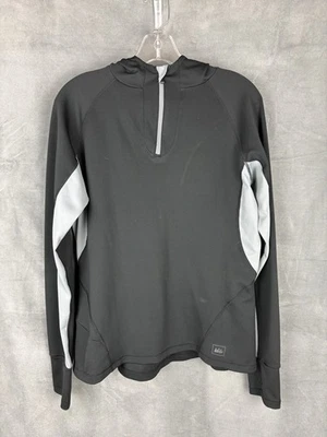 Top pulóver con capucha REI para mujer mediano negro/gris manga larga cuarto cremallera Foto 1 de 4