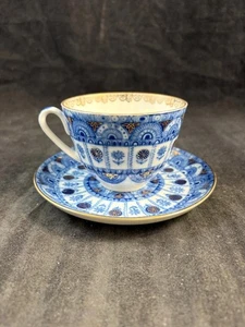 Lomonosov Arches Flat Cup and Saucer Set Blue and Gold Flowers with Arches - Picture 1 of 7