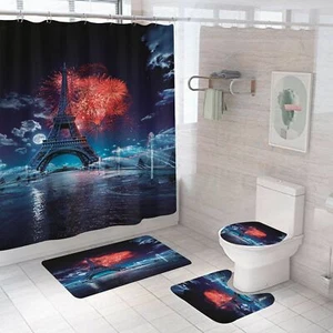 Eiffel Tower Night View Shower Curtain Set Non-Slip Bath Mat Toilet Lid Cover - Picture 1 of 13