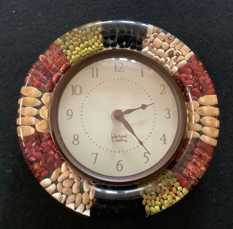 Pastoral Dwelling Acrylic Resin  Lucite Wall Clock Beans Seeds 8" Round Vintage Cover