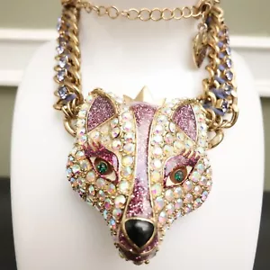Betsey Johnson necklace Imperial Princess fox purple w/ crown statement goldtone - Picture 1 of 12
