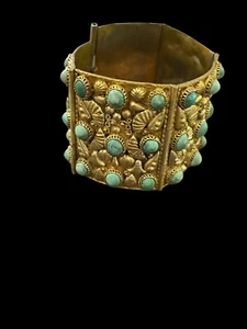 Vintage Asian Cuff Bracelet Gilt Gold Turquoise Stone Cabochon - Picture 1 of 10