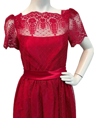 70's JC Penney Midi Prom Dress Size X-Small Lace Satin Bow Puff Shoulder Red - Image 1 of 4