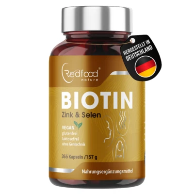 REDFOOD Biotin ⭐Premium Gold⭐ with 365 Capsules High Dose Biotin Zinc & Selenium Made DE
