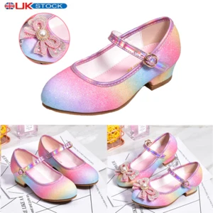 Kids Girls Party Wedding Mary Jane Rainbow Bow Sparkly Sandals Low Heel Shoes UK - Picture 1 of 23