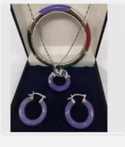 Collana con ciondolo pietre preziose giada viola naturale + bracciale + orecchini set AAA - Foto 1 di 5
