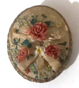 Ovale Kamee Brosche - Blumen und Schleife Design - Keramik, 4 cm, Vintage - Bild 1 von 2