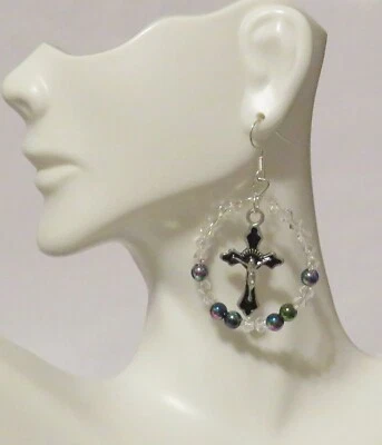 AB Crystal Beaded Hoop Black Cross Accent 1.50" Hook - Image 1 of 2