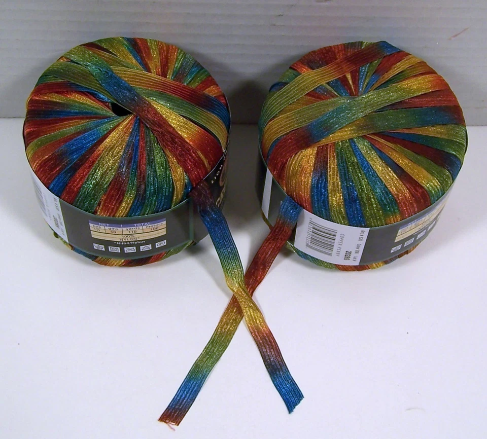 3x Skeins Lion BRAND Incredible Ribbon Yarn 2 Copper Penny & Rainbow 110 Yds