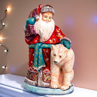 TYCHE ART STUDIO Russian Santa Figurine 9" - Hand Carved & Painted, Artist Signed, Polar Bear