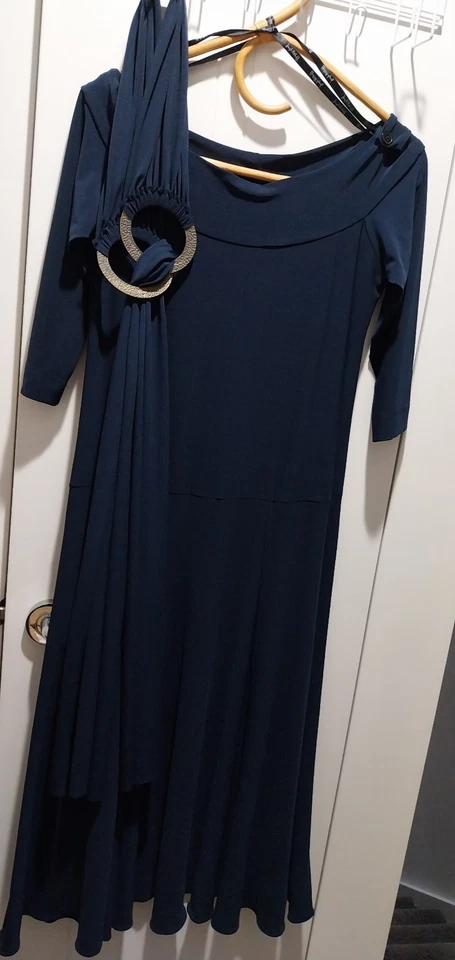 Joseph Ribkoff navy dress with belt 3/4 sleeve jersey stretch modified cocktail - Image 1 of 4