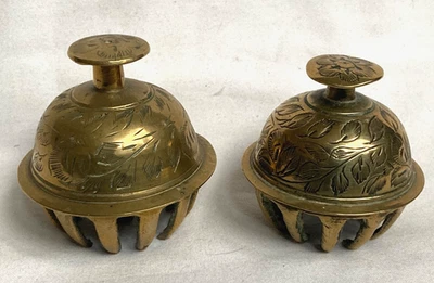 2 Vintage Brass Indian Hand/Temple/Claw Bells With Engraved Floral Design - Image 1 of 4