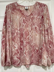 Cabi Damen Bluse Gr. S Koralle Rosa Schlangenmuster Langarm Relaxed V-Ausschnitt Oberteil - Bild 1 von 6