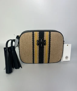 Tory Burch Linen Stripe Camera Bag Natural 82092 BRAND NEW - Picture 1 of 9