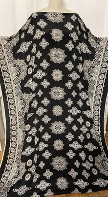 100% Silk Crepe De Chine W/Ornate Border Black Ivory Fabric By The Yard 54" Wide - Image 1 of 4