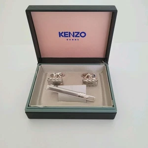 Kenzo Krawattennadel Clip Manschettenknöpfe Set silberfarben Logo geometrische Box Designer rechteckig - Bild 1 von 10