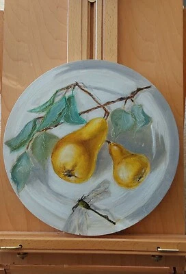 Bodegón al óleo sobre lienzo redondo tamaño 12 pulgadas Peras y libélula Foto 1 de 4