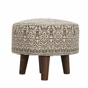 Handmade Round Footstool Ottoman Pouf for Living Room Sitting Printed Wooden leg