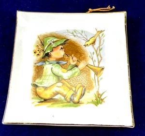 Vintage Porcelain Wall Plate Boy with Bird Hummel Style 3.75” Gold Trim Square - Picture 1 of 14