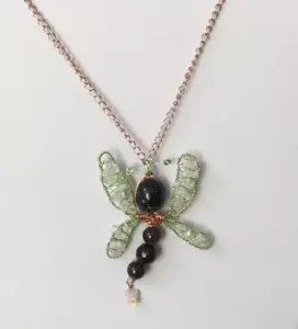 Black Agate, Obsidian & Moonstone Wire Wrapped Dragonfly Pendant on a 15" Chain - Picture 1 of 9