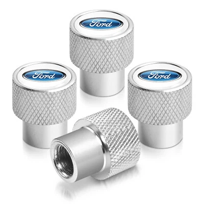 Tapas de vástago de válvula de neumático de aluminio cromado blanco sobre plata con logotipo Ford Foto 1 de 4