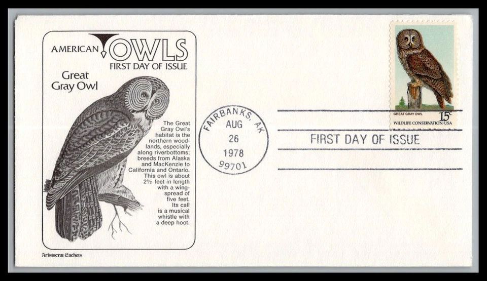 US FDC # 1760 15c Owls of America Aristocrat   1978, 9p1955 - Image 1 of 1