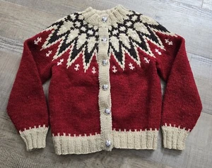 CJ Viking 100% Pure Wool Handmade In Denmark Youth Kids Cardigan Size ? Red Tan - Picture 1 of 6