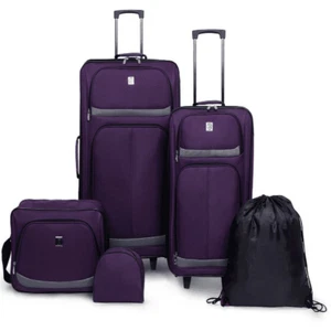 5 PIECE LUGGAGE SET Wheeled Check and Carry Black/Blue/Purple - Picture 1 of 15