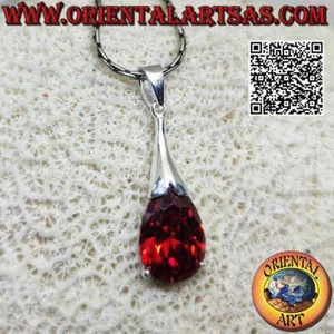 Ciondolo in argento 925‰ granato sfaccettato ovale incastonato e gancio liscio a - Foto 1 di 6