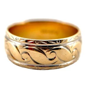 Alianza de boda grabada vintage de oro amarillo y blanco de 14 k 6,6 gramos 7,7 mm de grosor - Imagen 1 de 10