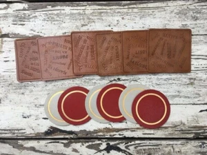 :::VERSCHIEDENE VINTAGE LEDERUNTERSETZER 2X SETS DDR NOSTALGIE PROST SALUD - Bild 1 von 3