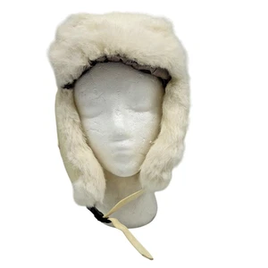 Vintage Mad Bomber Womens Aviator Winter Hat Leather Rabbit Fur Ivory Warmth Y2K - Foto 1 di 9